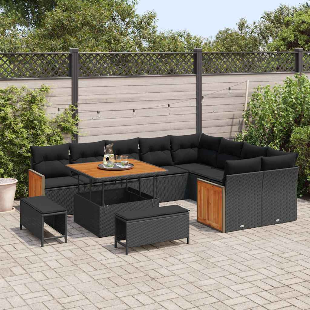 12 dalių sodo sofa komplektas su pagalvėlėmis Juoda poli ratanas akacija