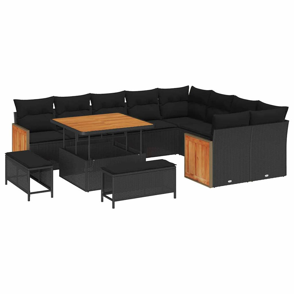 12 dalių sodo sofa komplektas su pagalvėlėmis Juoda poli ratanas akacija