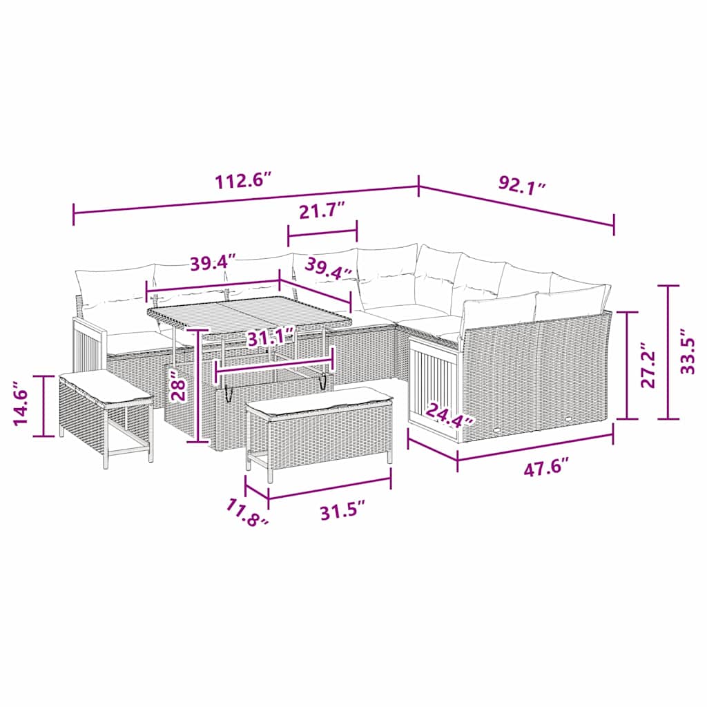 12 dalių sodo sofa komplektas su pagalvėlėmis Juoda poli ratanas akacija