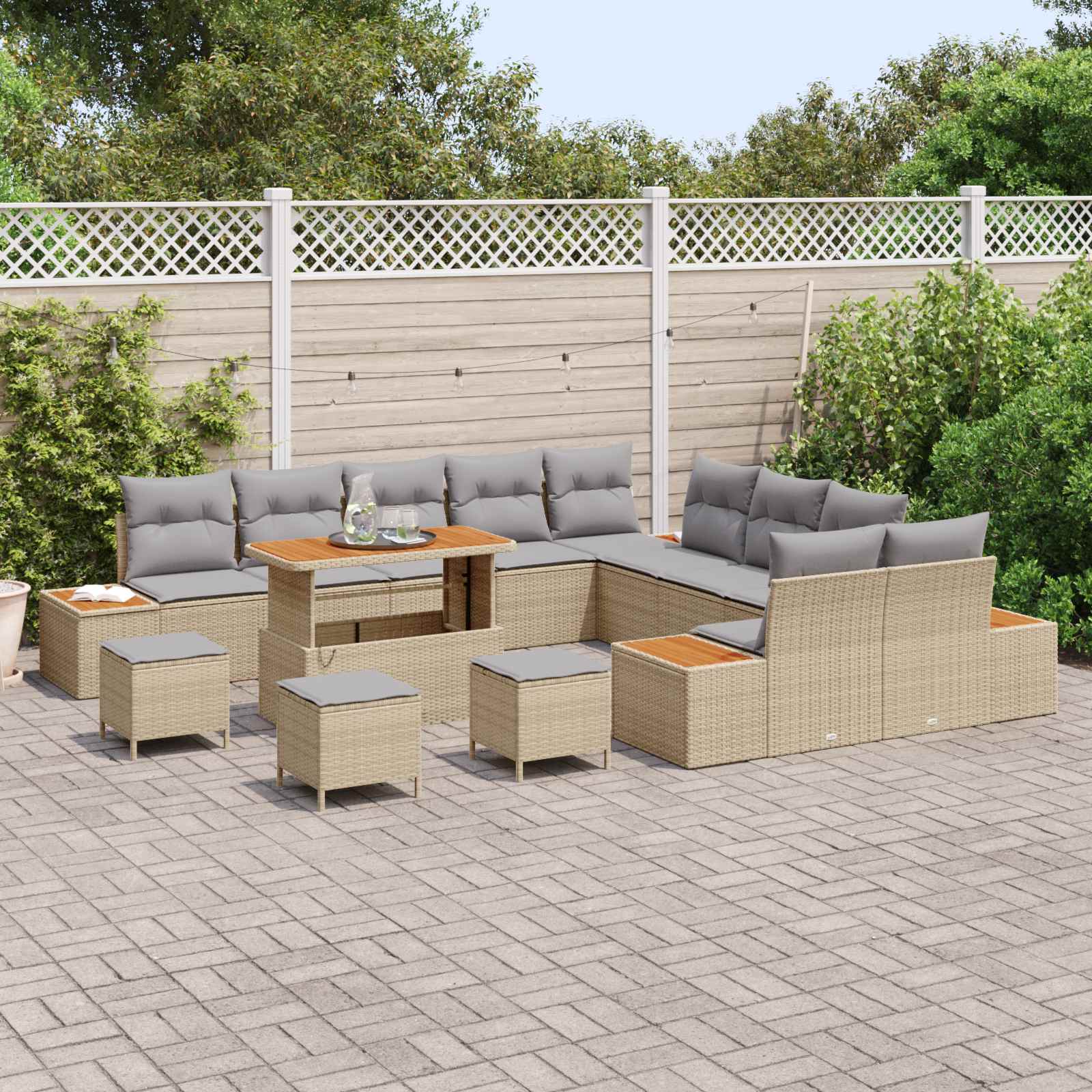 14-piece garden sofa set with cushions sand poly rattan acacia wood