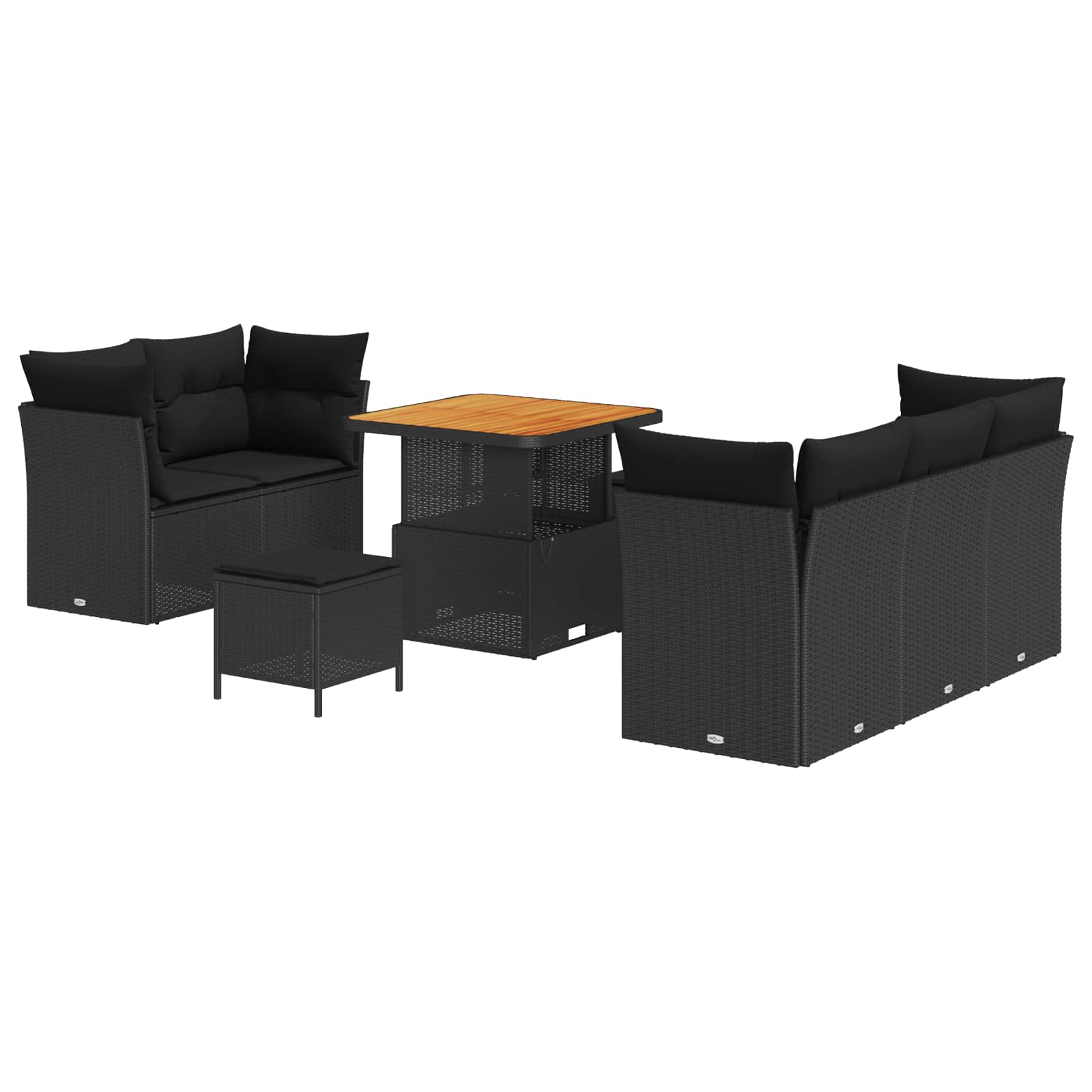 8 daļu dārza dīvāns ar spilveniem melns polirotangs akācija