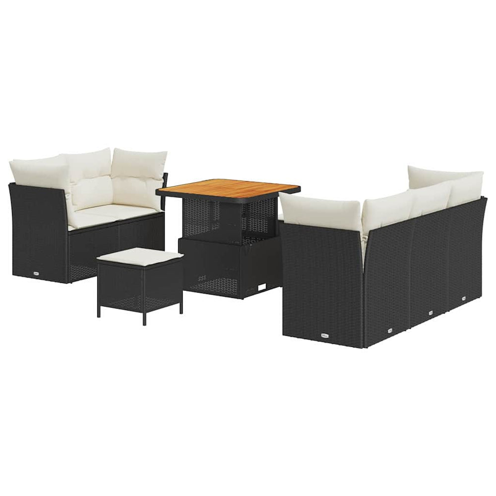 8 Piece Garden Sofa Set with Cushions Black Poly Rattan Acacia