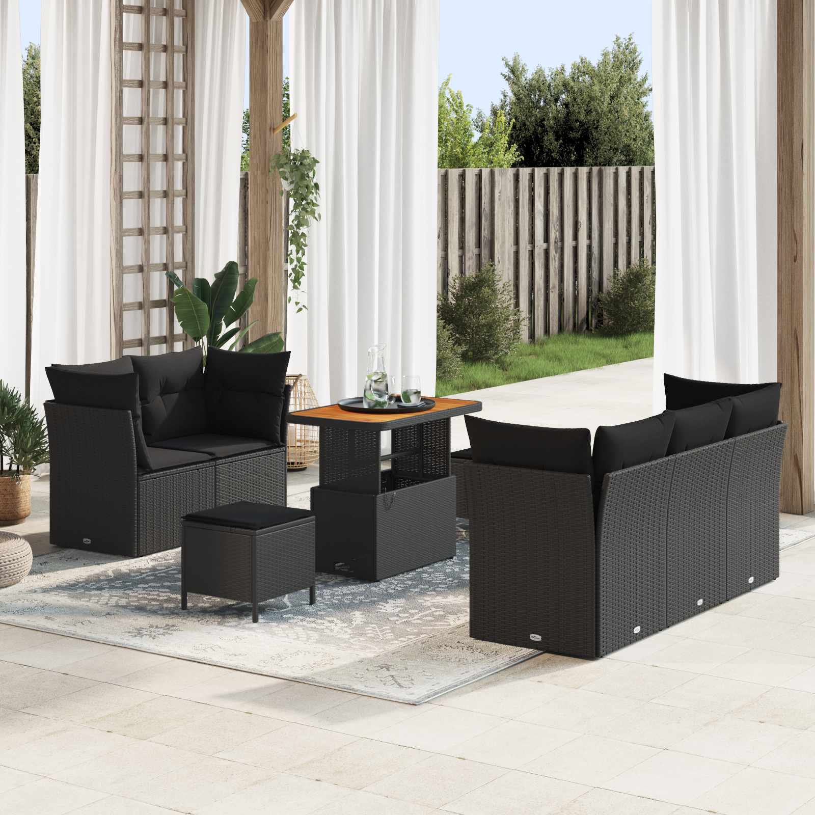 8-Piece Garden Sofa Set with Cushions Black Poly Rattan Acacia