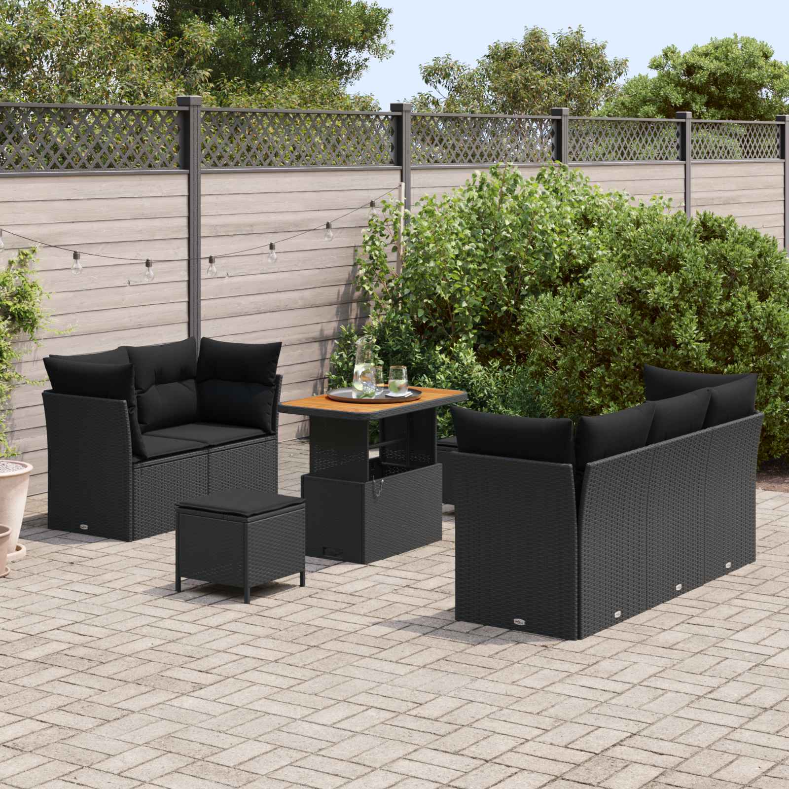 8-Piece Garden Sofa Set with Cushions Black Poly Rattan Acacia