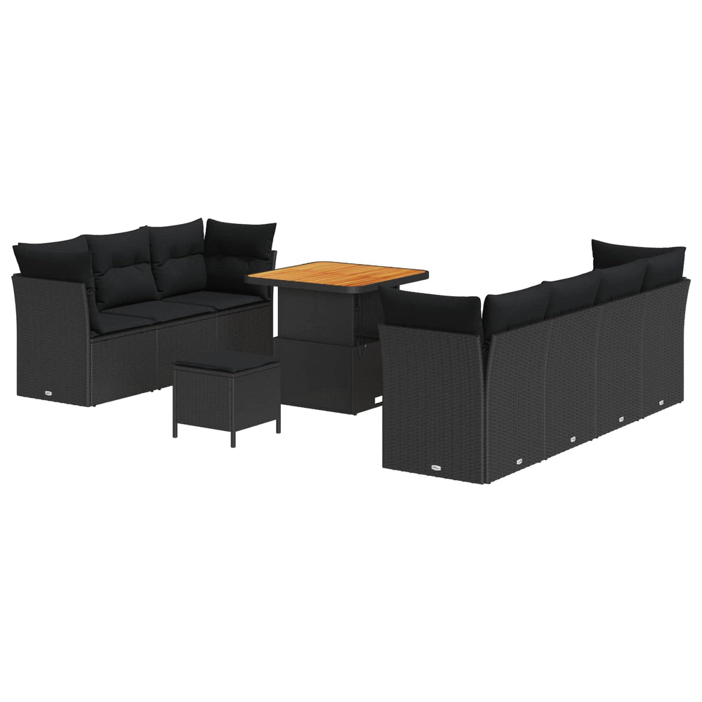 10-Piece Garden Sofa Set with Cushions Black Poly Rattan Acacia