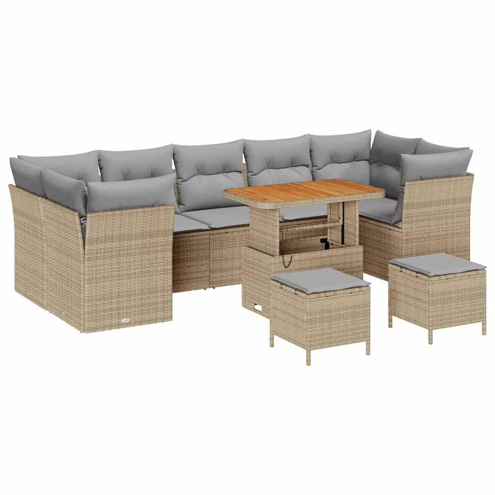 10-Piece Garden Sofa Set with Cushions Sand Poly Rattan Acacia