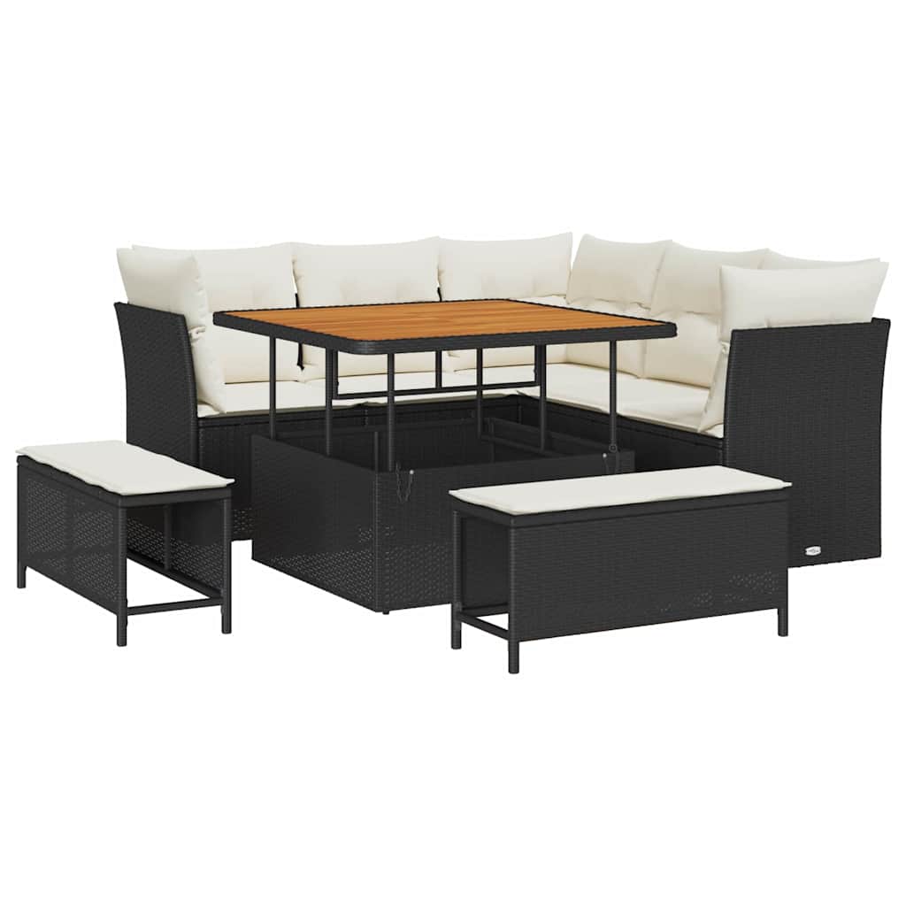 8 dalių sodo sofa komplektas su pagalvėlėmis Juoda poli ratanas akacija