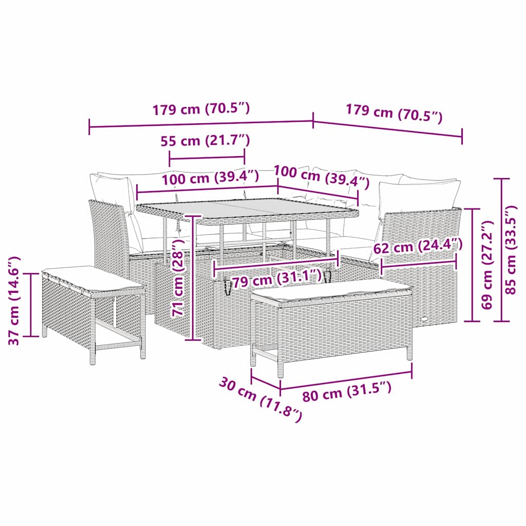 8 dalių sodo sofa komplektas su pagalvėlėmis Juoda poli ratanas akacija