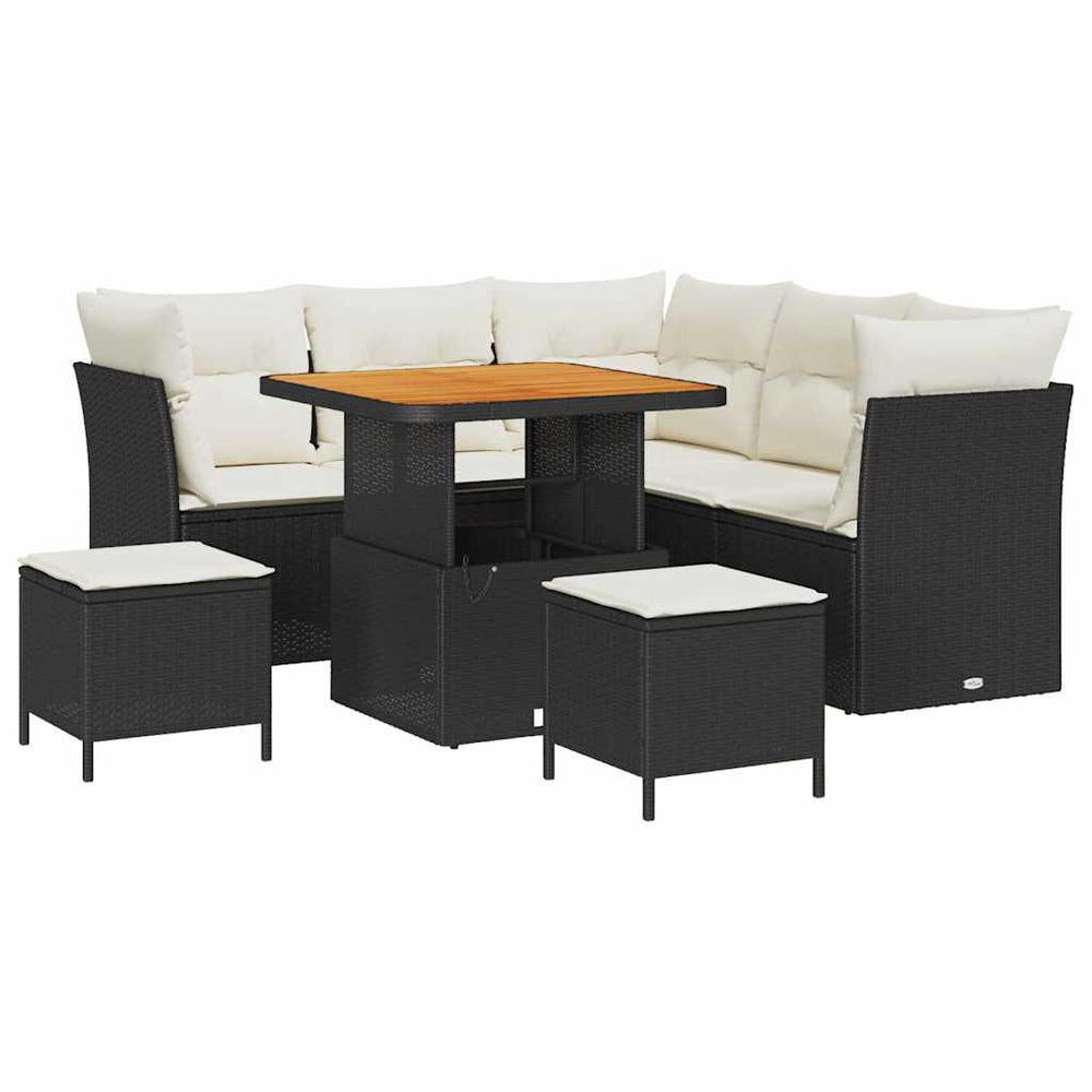 8-Piece Garden Sofa Set with Cushions Black Poly Rattan Acacia