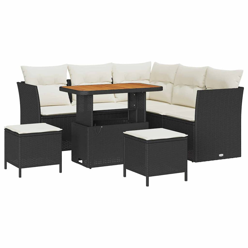 8 Piece Garden Sofa Set with Cushions Black Poly Rattan Acacia