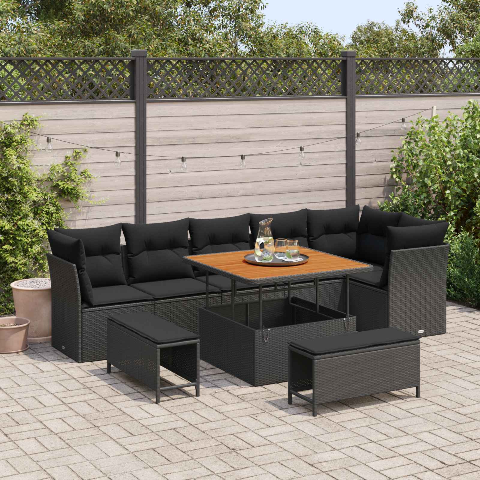 Garden Sofa Set with Cushion and Storage 9 pcs Black