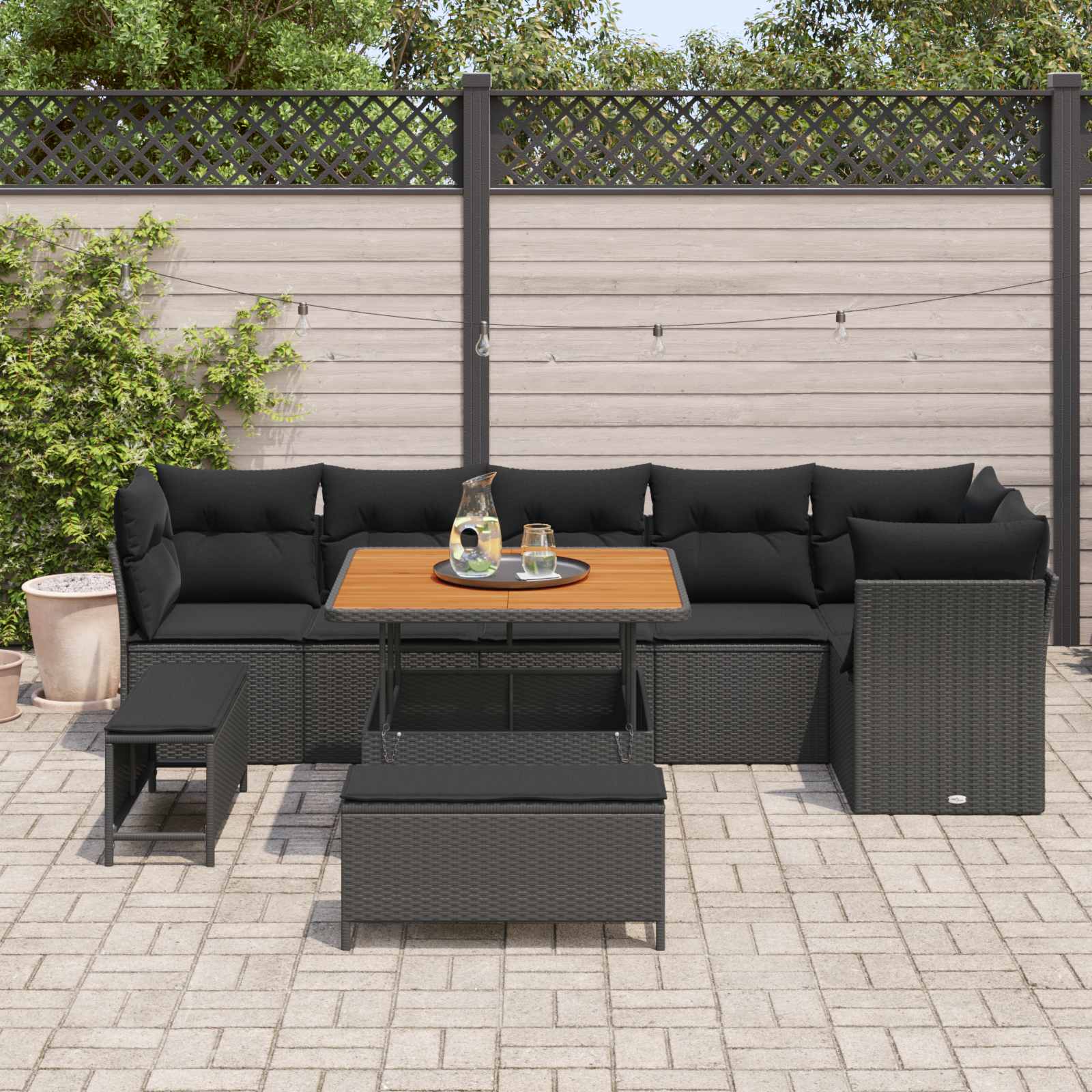 Garden Sofa Set with Cushion and Storage 9 pcs Black