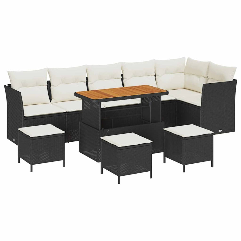 10-Piece Garden Sofa Set with Cushions Black Poly Rattan Acacia