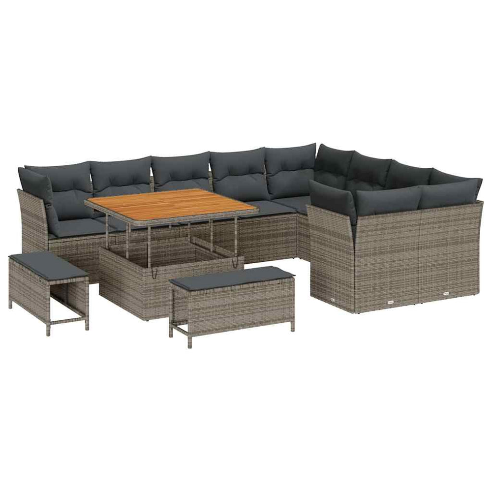 12-Piece Garden Sofa Set with Cushions Grey Poly Rattan Acacia