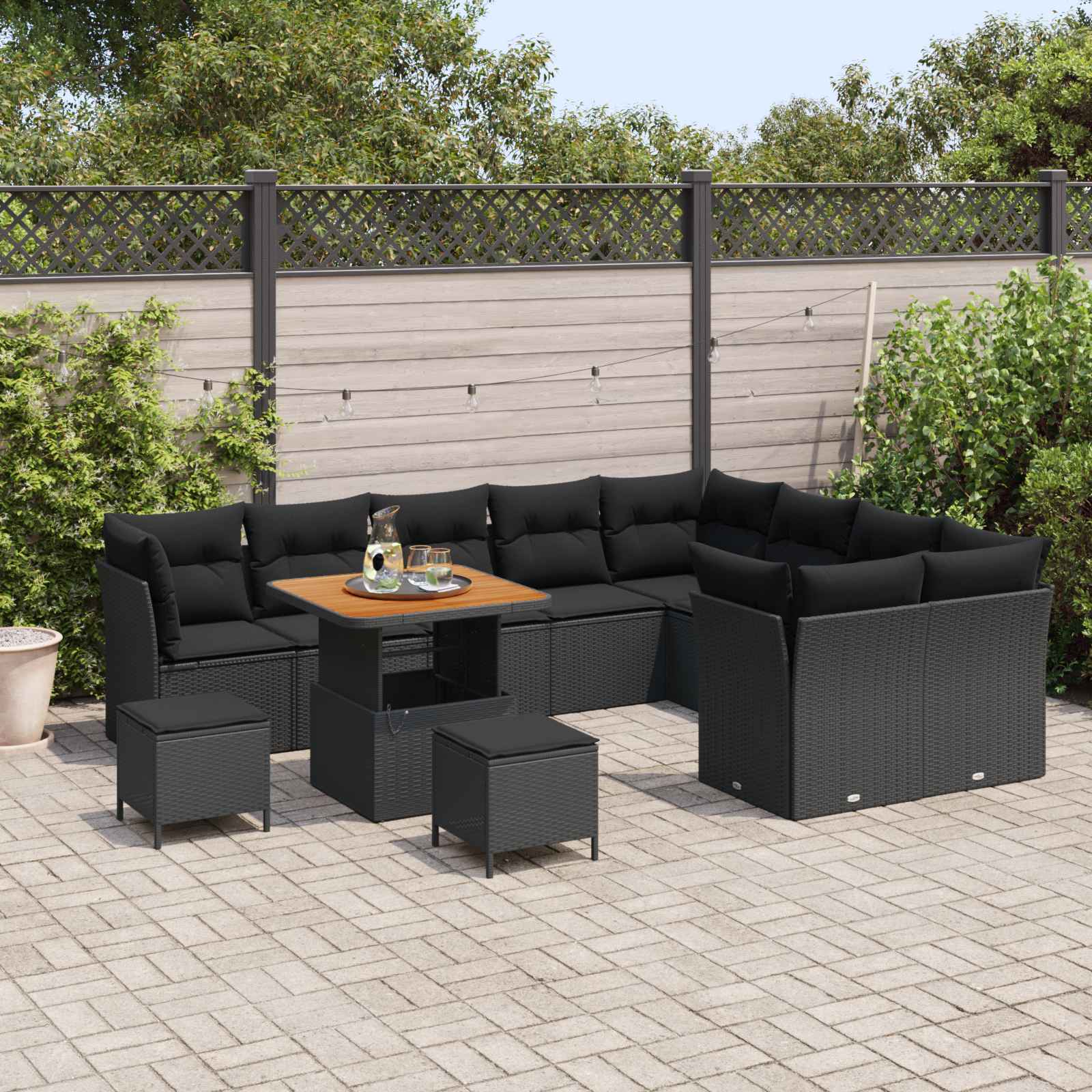 12-Piece Garden Sofa Set with Cushions Black Poly Rattan Acacia