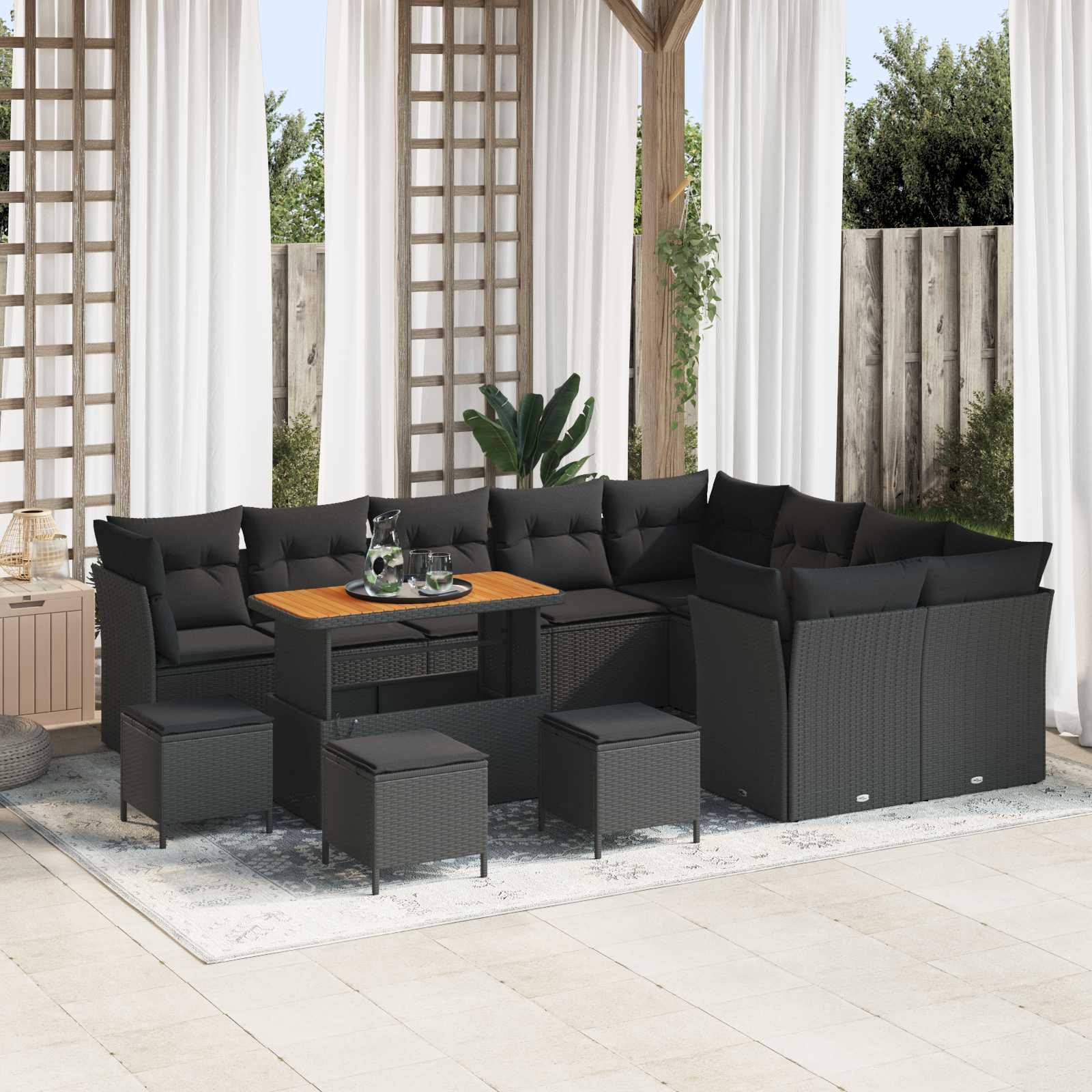 13-piece garden sofa set with cushions black poly rattan acacia