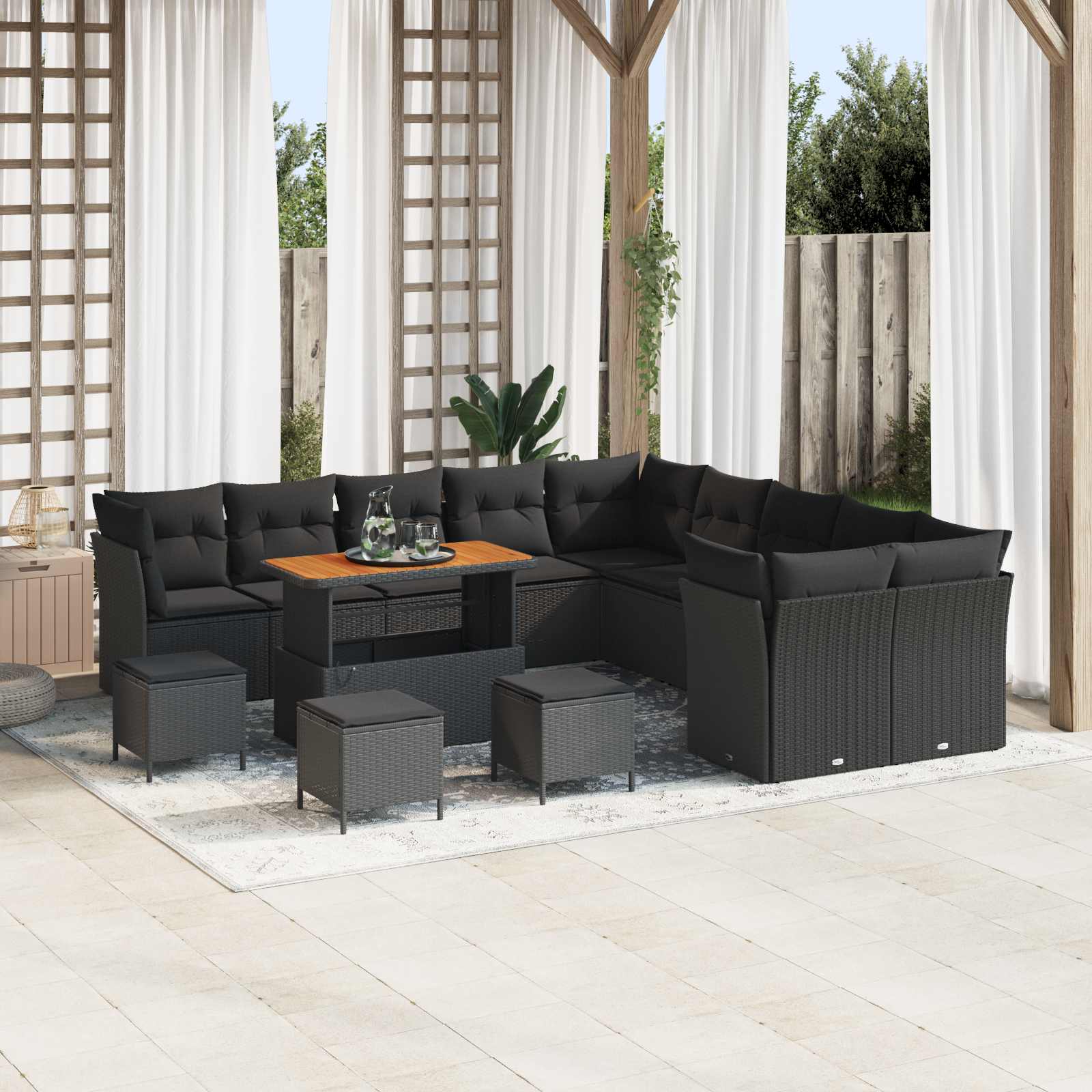 14-Piece Garden Sofa Set with Cushions Black Poly Rattan Acacia