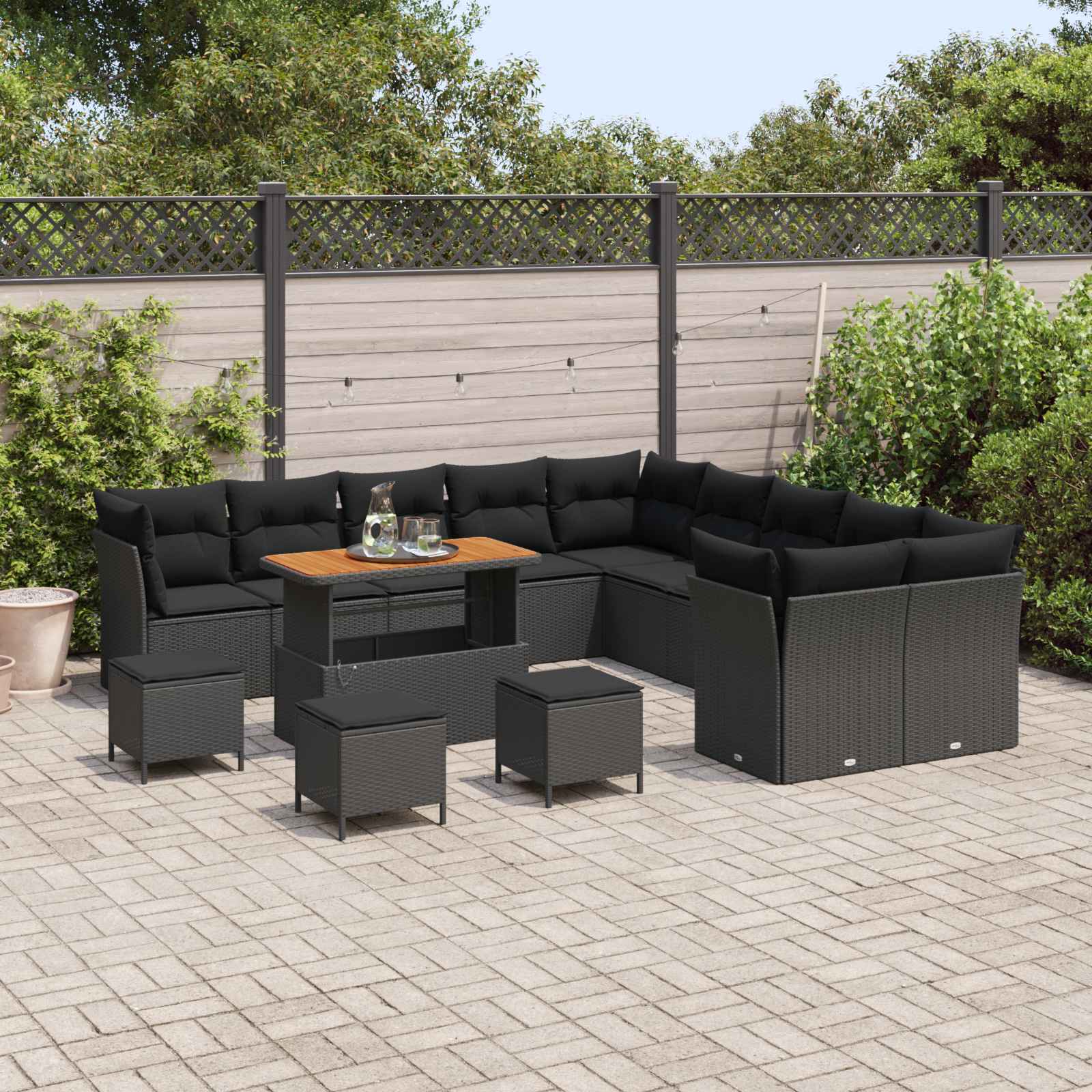 14-Piece Garden Sofa Set with Cushions Black Poly Rattan Acacia
