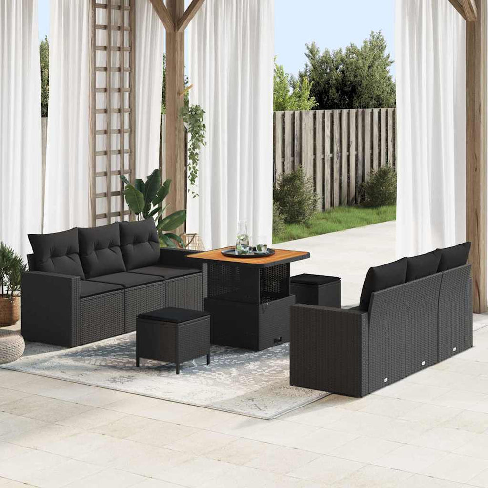 9 dalių sodo sofa komplektas su pagalvėmis juodas poli ratanas akacija