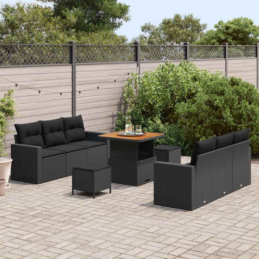 9 dalių sodo sofa komplektas su pagalvėmis juodas poli ratanas akacija