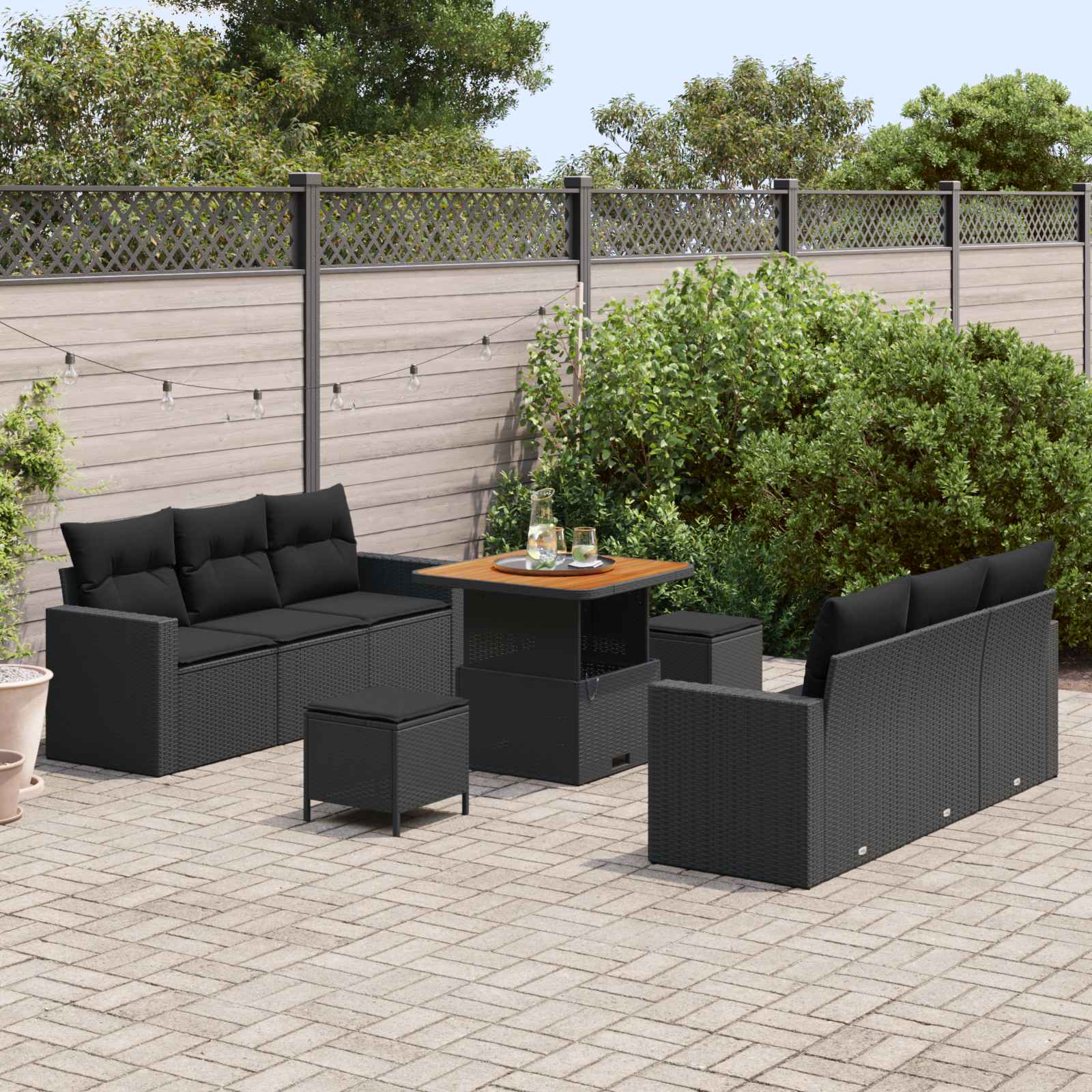 9 Piece Garden Sofa Set with Cushions Black Poly Rattan Acacia