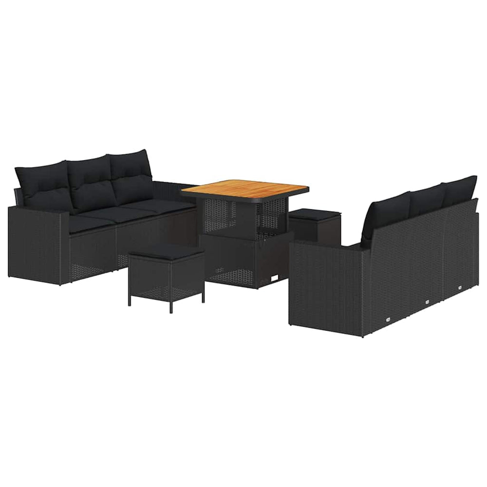 9 dalių sodo sofa komplektas su pagalvėmis juodas poli ratanas akacija