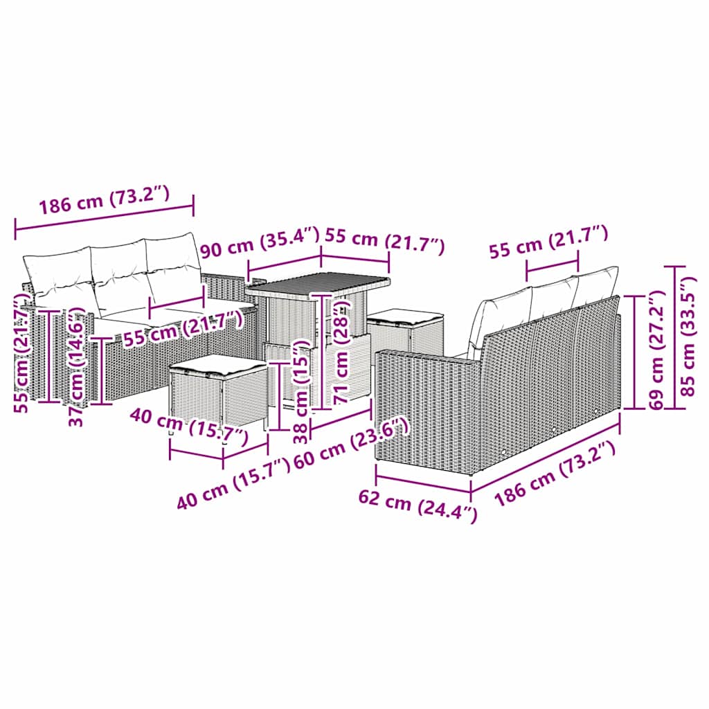 Sodo Sofų Rinkinys su pagalve 9 pcs Juoda ir kreminė