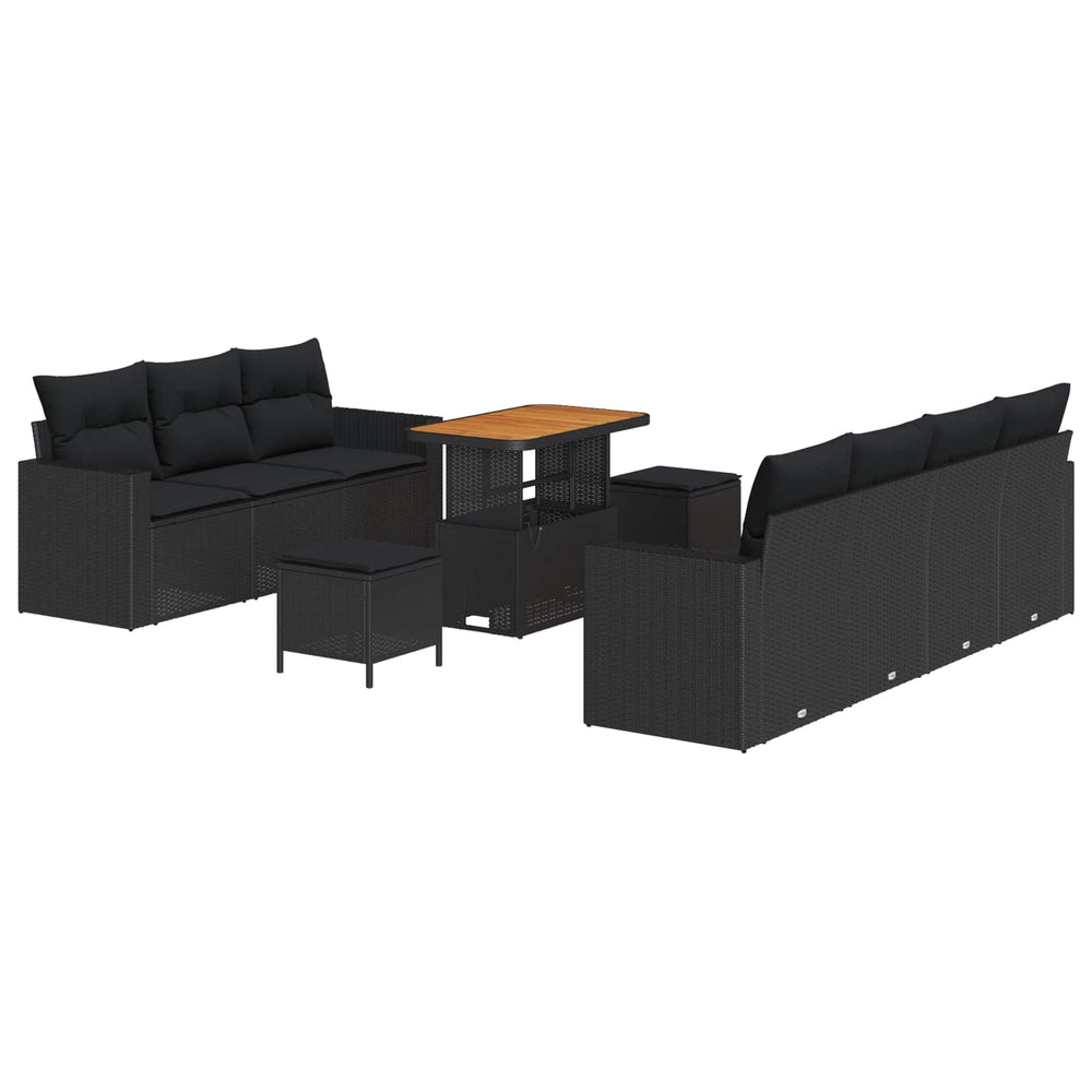 10-piece garden sofa with cushions black poly rattan acacia