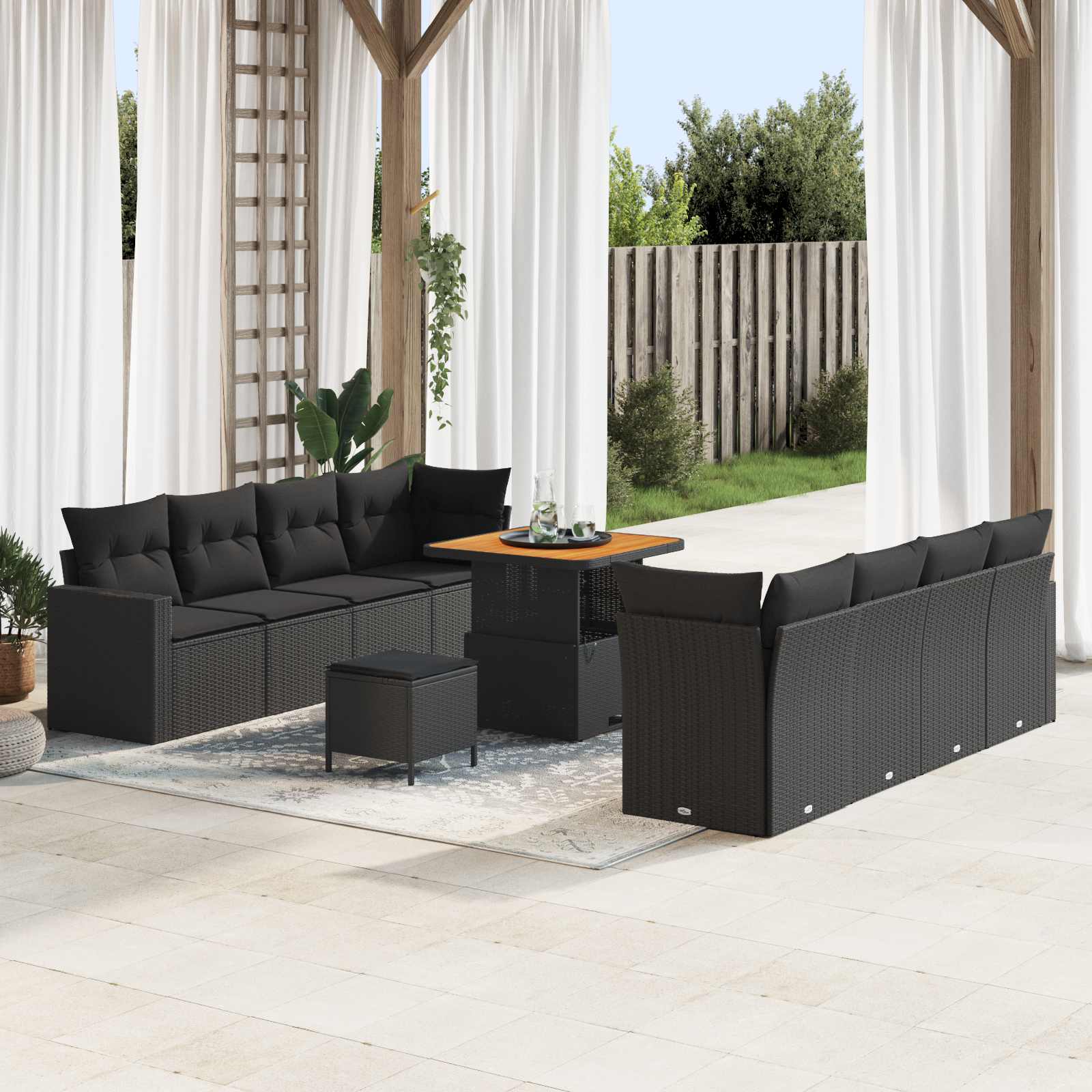 11-Piece Garden Sofa Set with Cushions Black Poly Rattan Acacia Wood