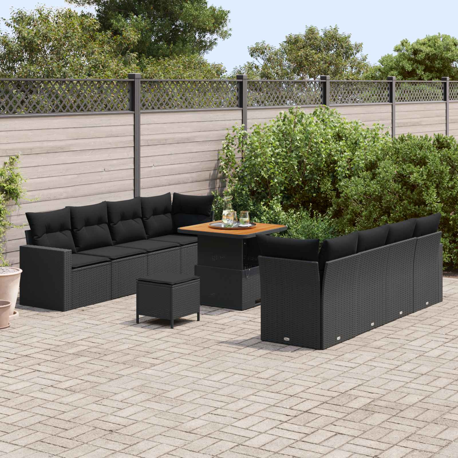 11-Piece Garden Sofa Set with Cushions Black Poly Rattan Acacia Wood