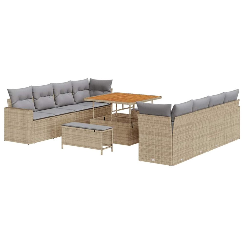 11-Piece Garden Sofa Set with Cushions Sand Poly Rattan Acacia