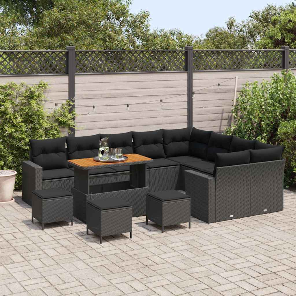 13 dalių sodo sofa rinkinys su pagalvėlėmis Juoda Poliratanas Akacija