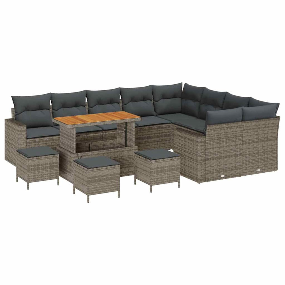 13-Piece Garden Sofa Set with Cushions Grey Poly Rattan Acacia