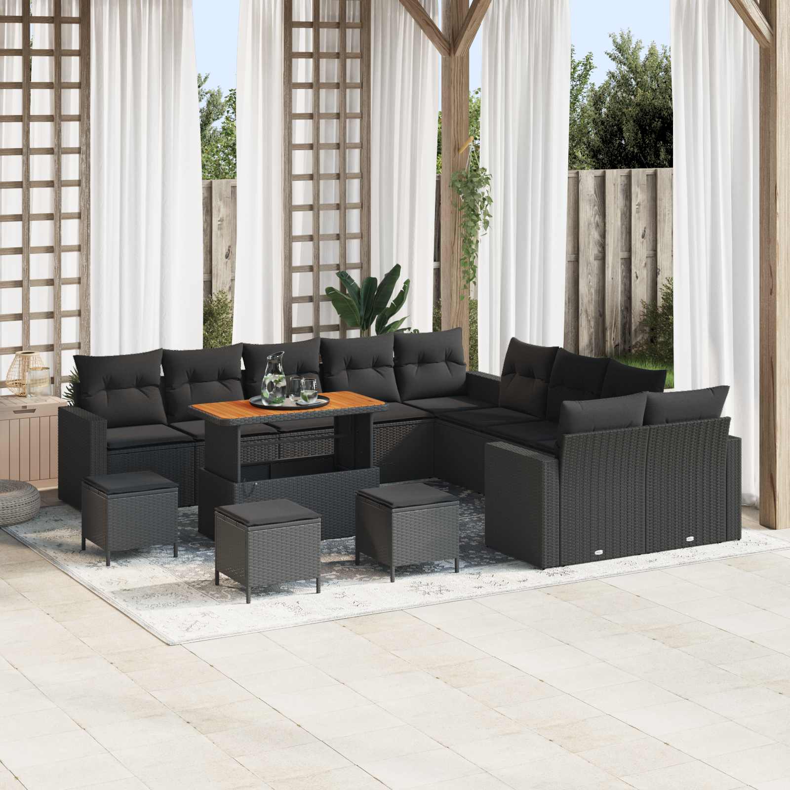 14 dalių sodo sofa rinkinys su pagalvėmis Juoda Poli ratanas Akacija