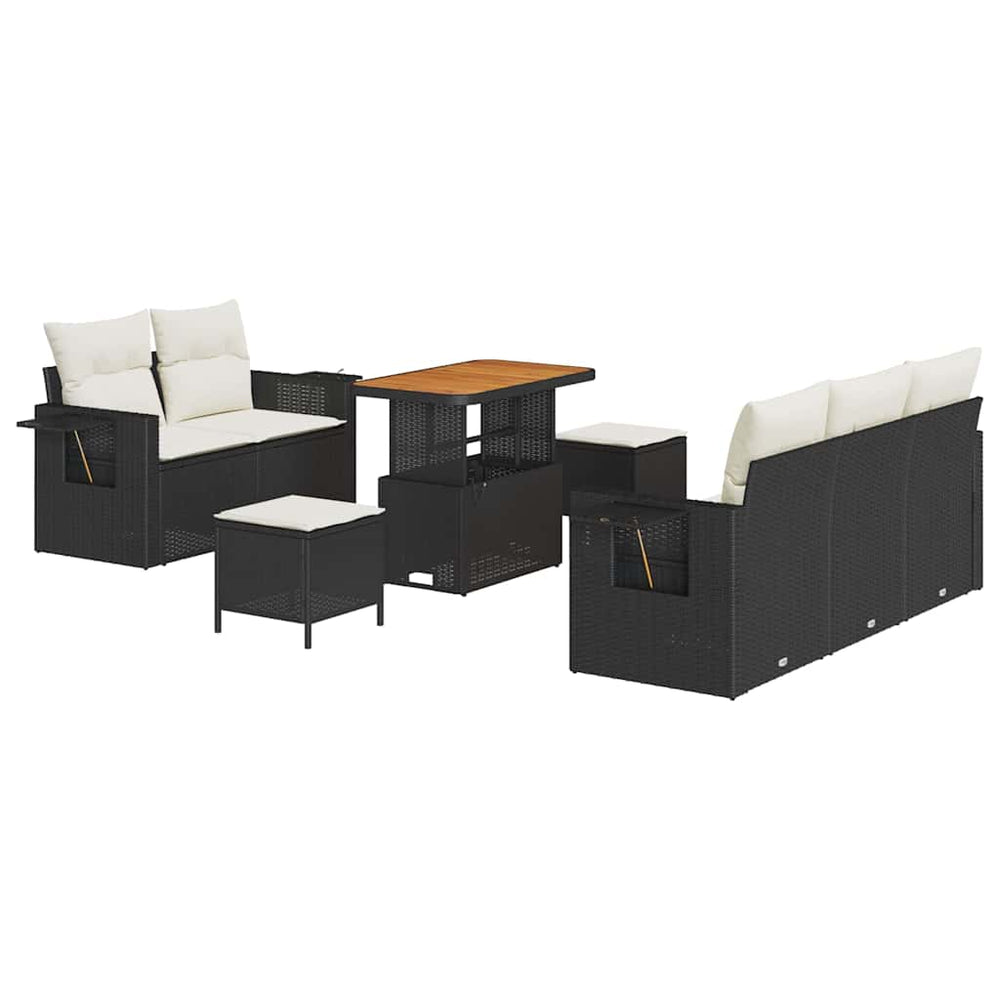 8-Piece Garden Sofa Set with Cushions Black Poly Rattan Acacia