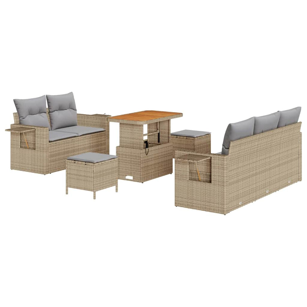8-piece garden sofa set with cushions, sand, poly rattan, acacia wood