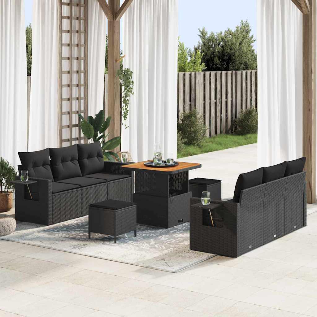 9 dalių sodo sofa rinkinys su pagalvėmis Juodas Poliratanas Akacija