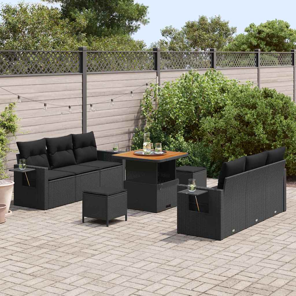 9 dalių sodo sofa rinkinys su pagalvėmis Juodas Poliratanas Akacija