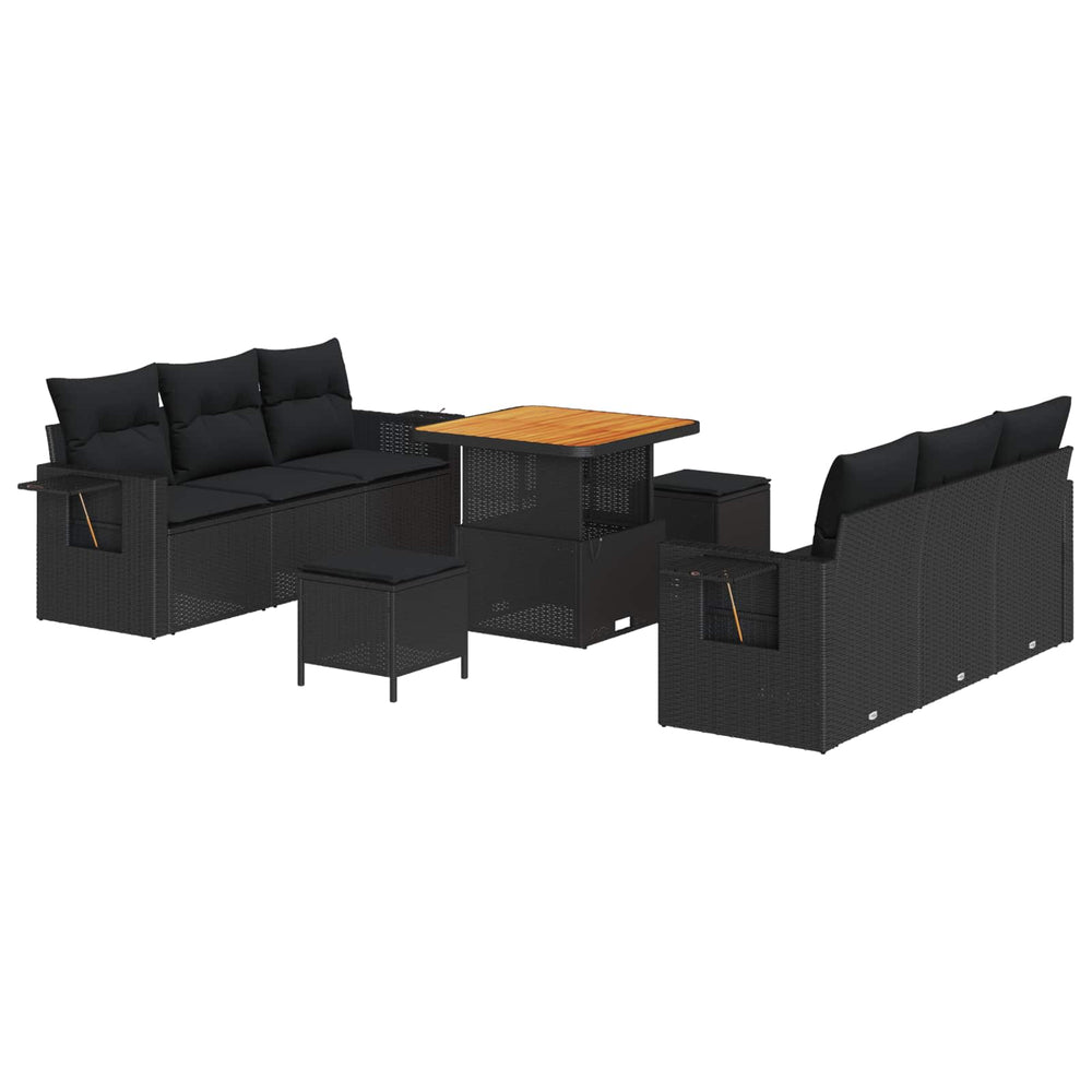 9-Piece Garden Sofa Set with Cushions Black Poly Rattan Acacia