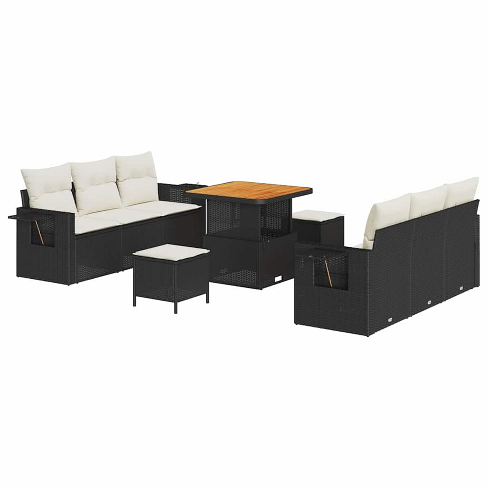 9-Piece Garden Sofa Set with Cushions Black Poly Rattan Acacia