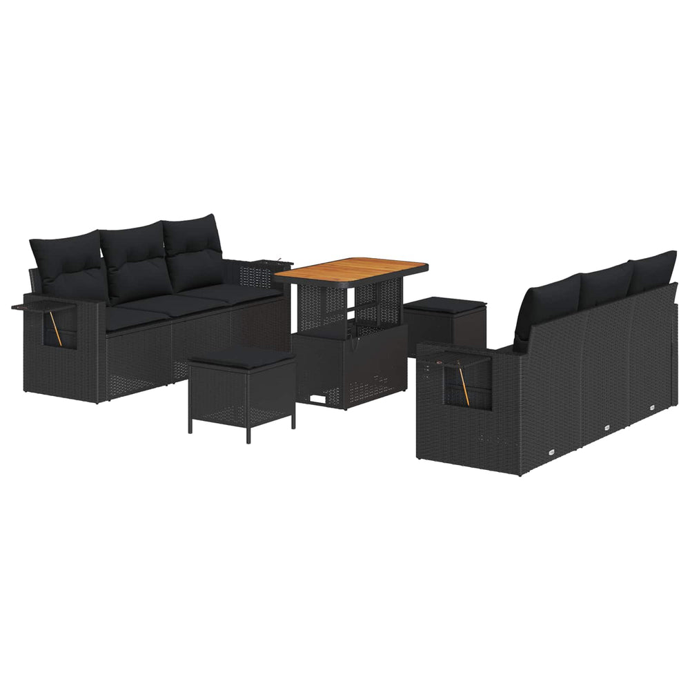 9-Piece Garden Sofa Set with Cushions Black Poly Rattan Acacia
