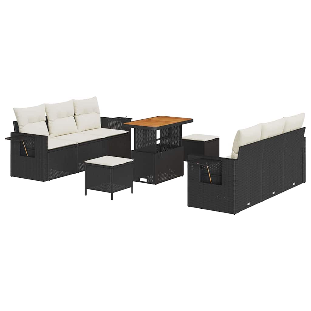 9 Dalių Sodo Sofa Rinkinys su Pagalvėmis Juodas Poli Ratanas Akacija