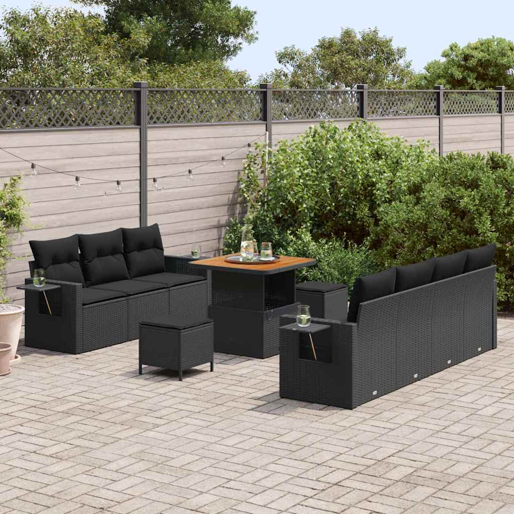 10 dalių sodo sofa rinkinys su pagalvėmis Juoda Poli Ratanas Akacija