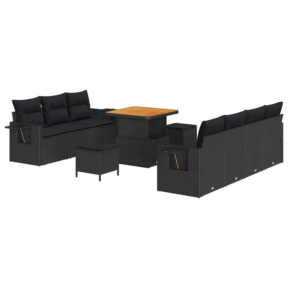 10 dalių sodo sofa rinkinys su pagalvėmis Juoda Poli Ratanas Akacija