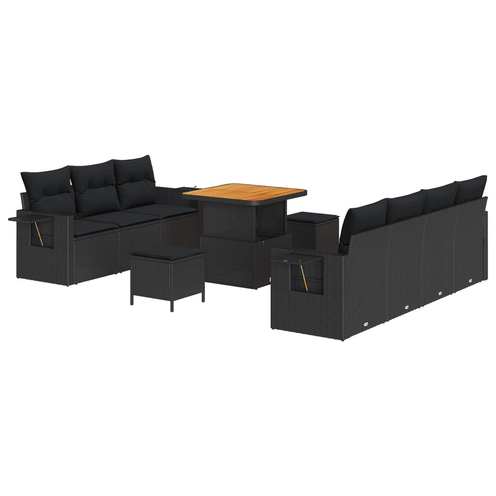 10-Piece Garden Sofa Set with Cushions Black Poly Rattan Acacia