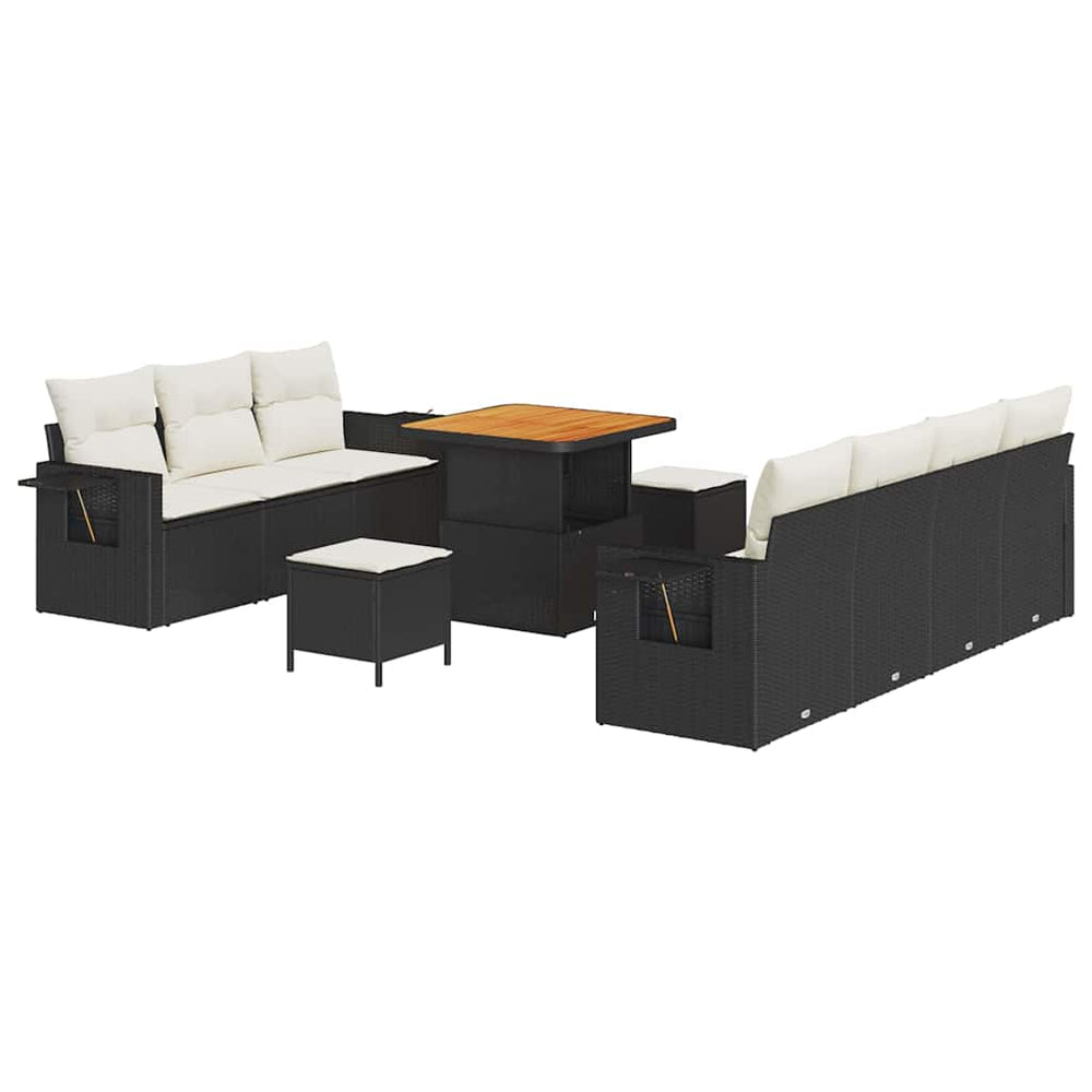 10-piece garden sofa set with cushions Black poly rattan acacia