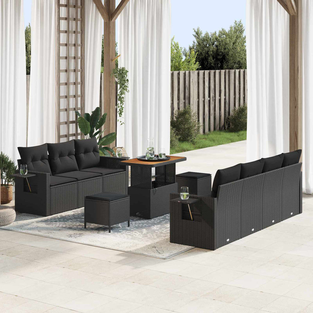 10-Piece Garden Sofa Set with Cushions Black Poly Rattan Acacia
