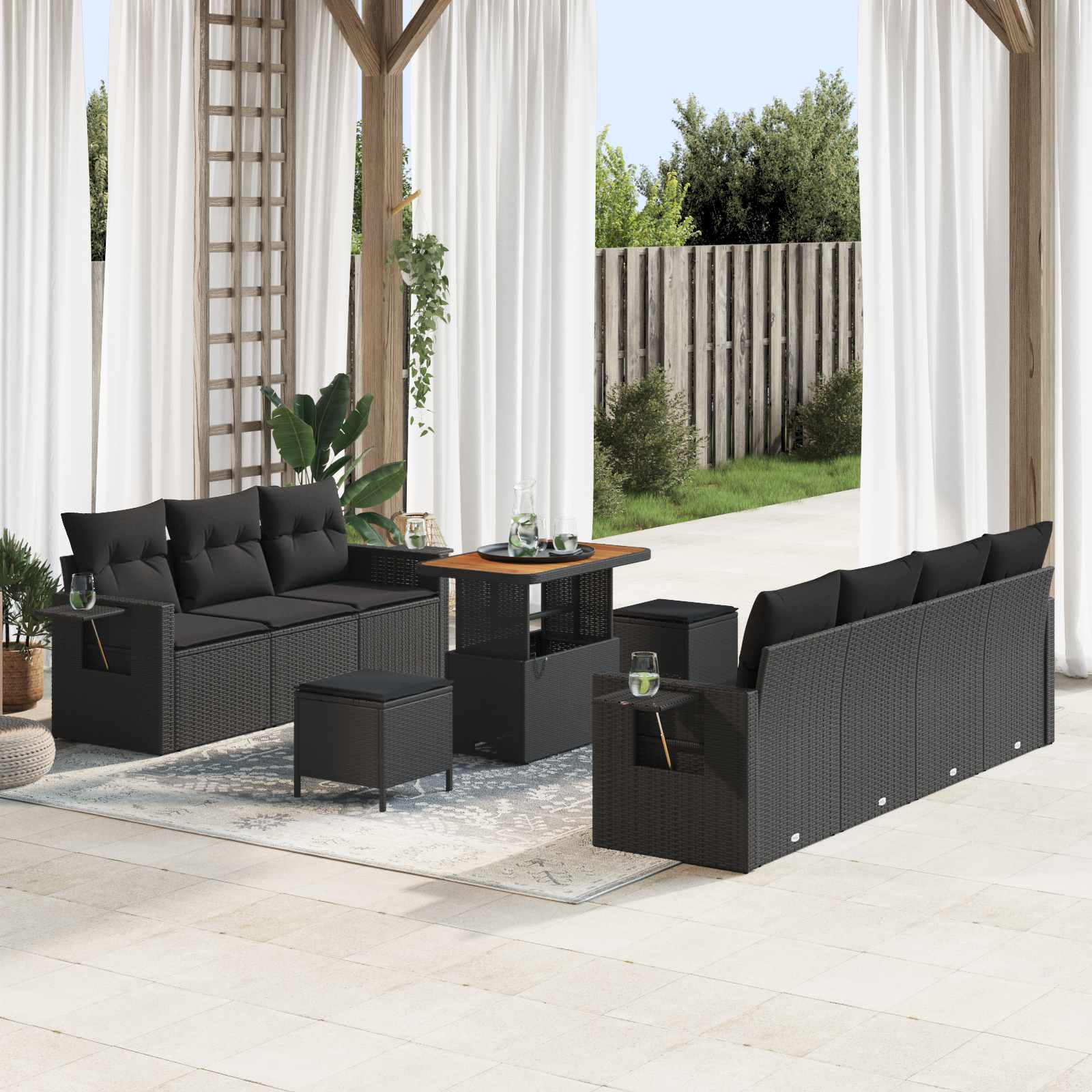 10-Piece Garden Sofa Set with Cushions Black Poly Rattan Acacia