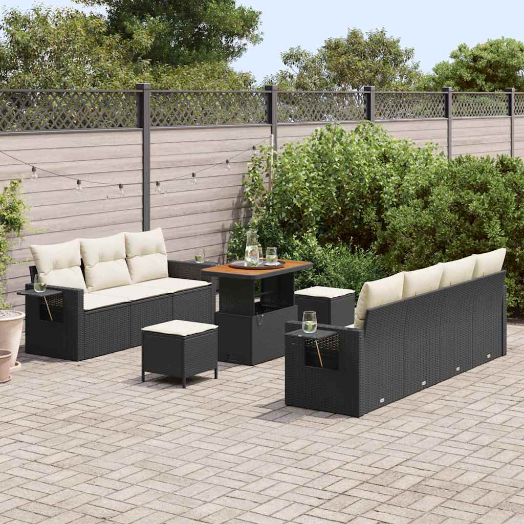 10 dalių sodo sofa komplektas su pagalvėmis Juoda poli ratanas Akacija