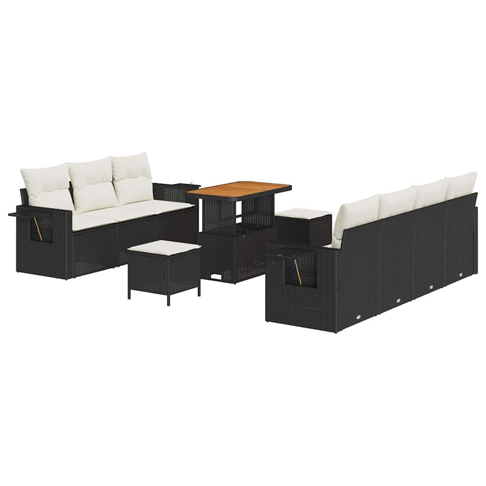 10 dalių sodo sofa komplektas su pagalvėmis Juoda poli ratanas Akacija